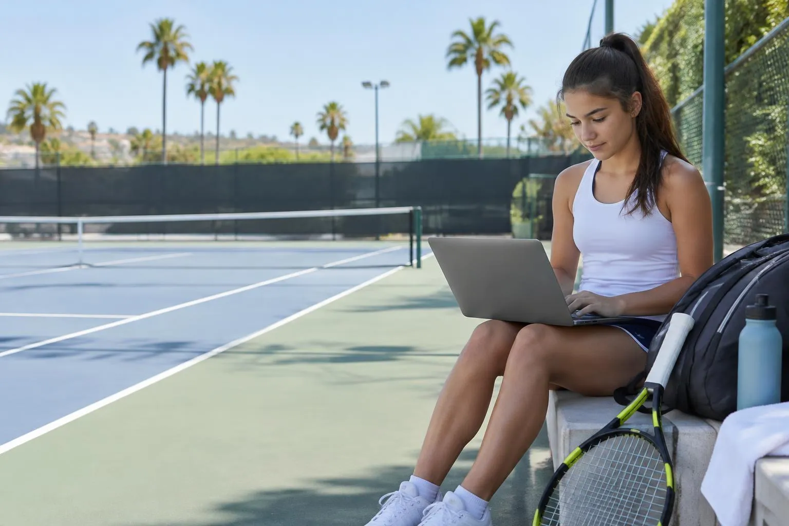 A teenage tennis athlete studying on a laptop beside the court