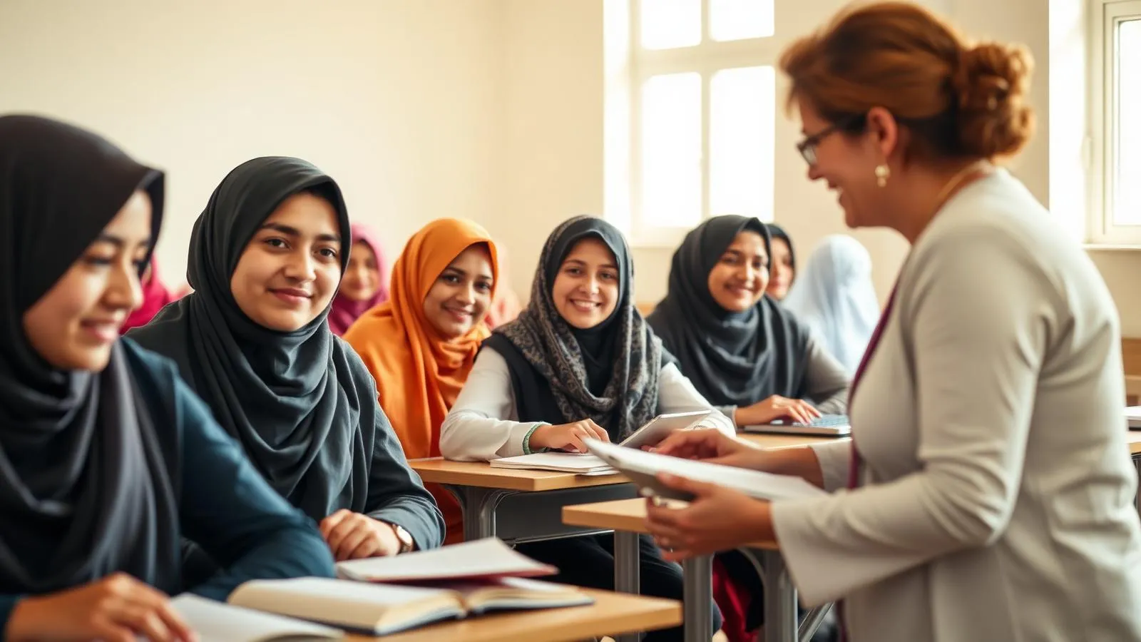 Afghan and Middle Eastern girls in headscarves learning in a classroom taught by Western teachers, part of the OBA Foundation program.